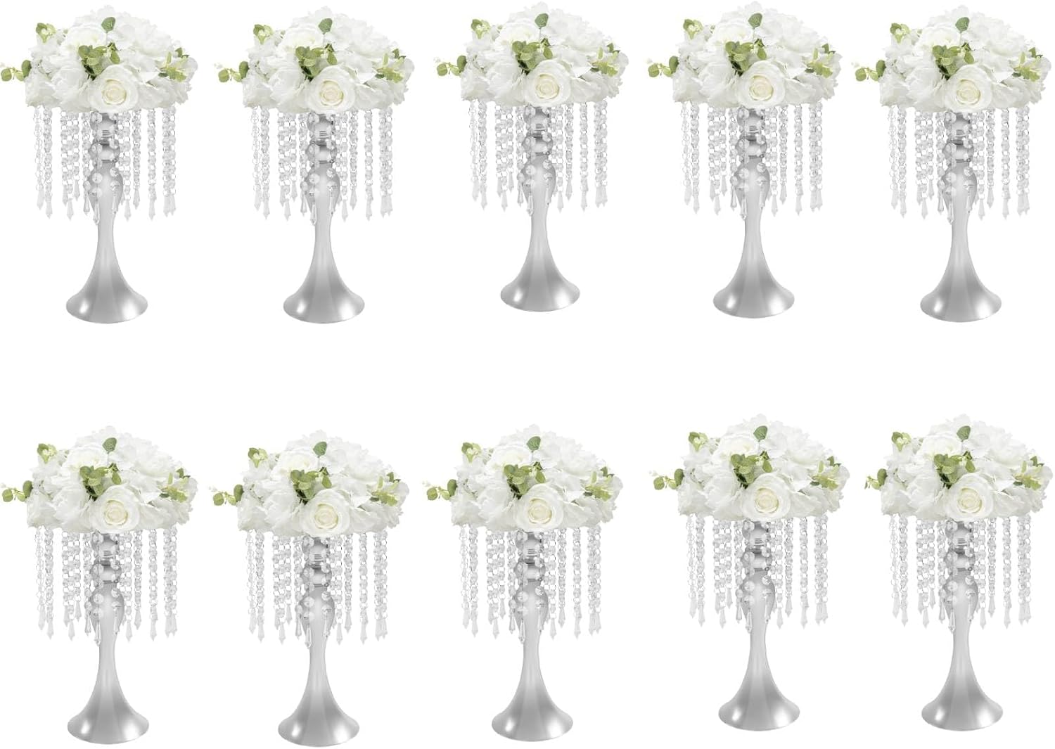 10-Pack Silver Centerpieces for Tables, 13.77in Tall Modern Flower Stands with Crystal Embellishments, Acrylic Table Centerpiece Decor for Wedding, Party, Event and Home Decoration