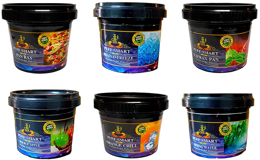 Image of PUFF SMART Premium Herbal Flavor Brain-O-Freeze, Pan Ras, Spring Water, Zafran Pan, Orange Chill, Double Apple 100G In Each Pack (Set of 6) (100% Nicotine and Tobacco Free)