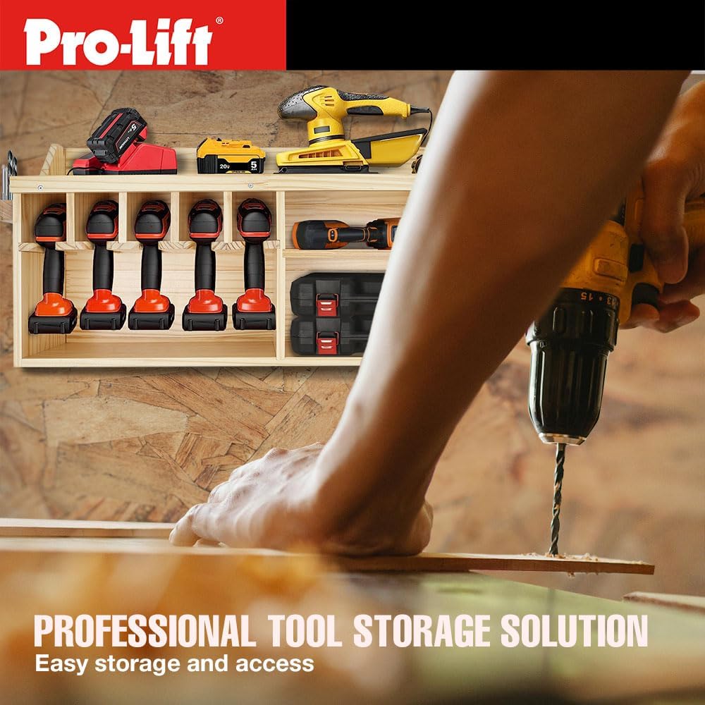 Pro Lift Cordless Drill Organizer – wall mount power tool storage rack, 5 hanging slots, wooden M-004W