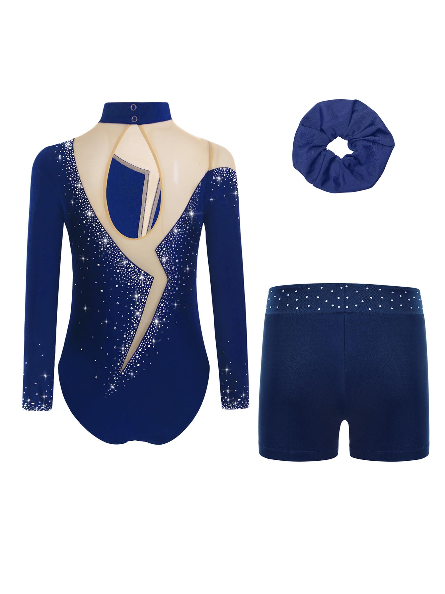 dPois 3 Pièces Enfant Fille Ensemble de Gymnastique Justaucorps Strass Short et Elastique Chouchou Spectacle 5-16 Ans