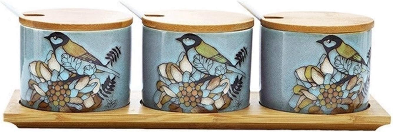 Condiment Container Seasoning Box Set Ceramic Condiment Canisters Pots with Wooden Spoon Lid and Base (Color : A)