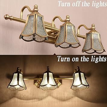 Vintage Brass Mirror Front Light, European Style E14 Bathroom Mirror Light Glass Lampshade Wall Light Mirror Cabinet Dressing Table Dressing Room Decoration, 3 Lights