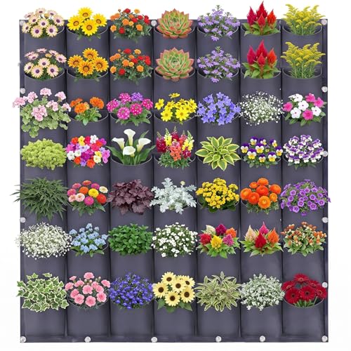 Image of SBLKUY 49 Pockets Garden Vertical Wall Grow Bags, Hanging Planter Bag Gardening Greening Flower Container Plant Pouch Bags for Living Wall Planter Outdoor and Garden Garaged(1m×1m, Black)