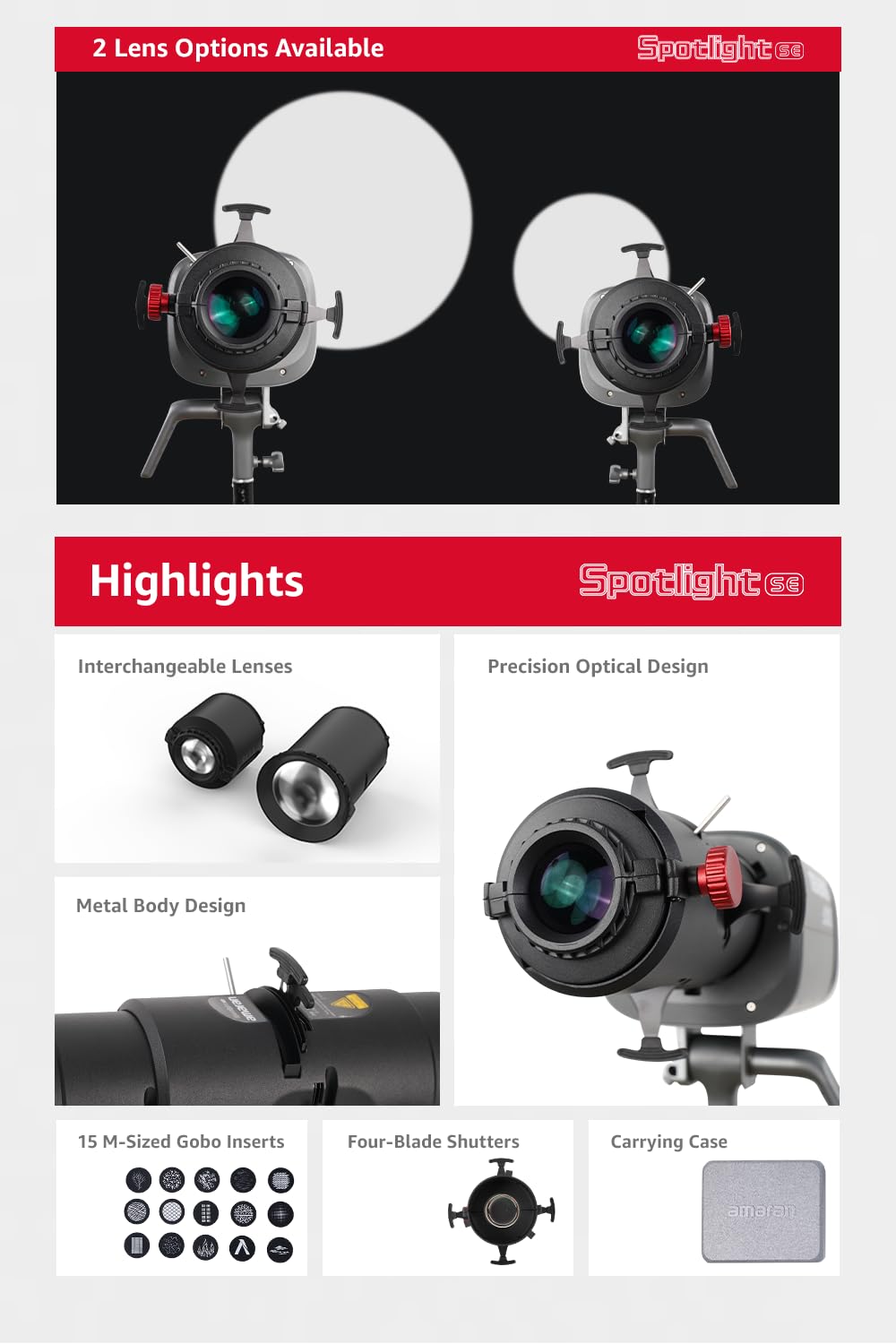 Amaran Spotlight SE Kit di proiezione di precisione a 36° per Amaran 300c, 150c, 200X S, LS 300x, compatibile con Bowens Mount Light fino a 300 W