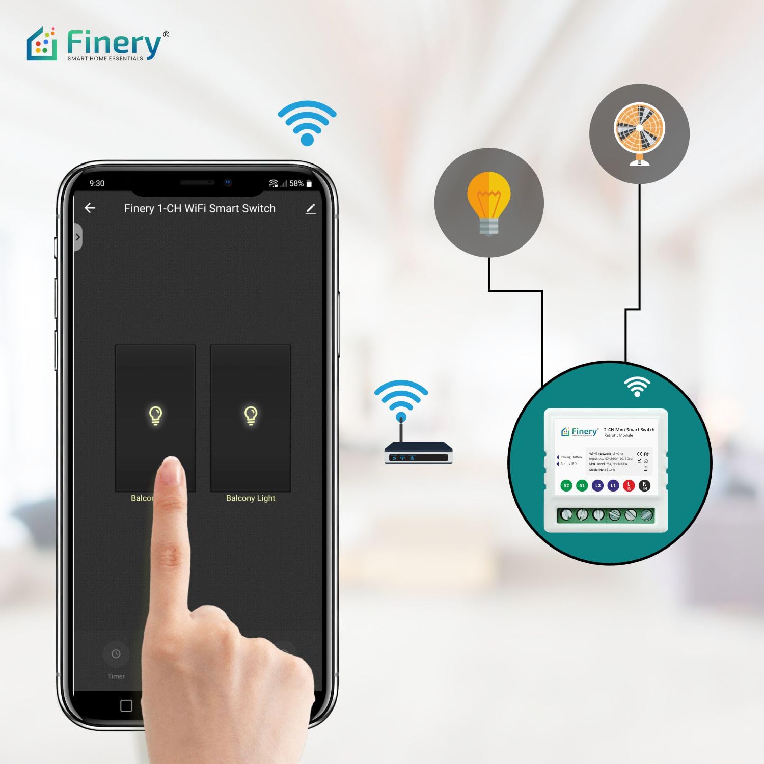 Finery® 2-Node Wi-Fi Smart Switch Power Monitoring Retrofit 10A supports manual button Compatible with Alexa & G Home (2-Node) 3