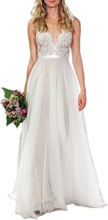 Beach Wedding Dresses for Bride Sleeveless A-Line Lace Applique Prom Gown Ivory US10