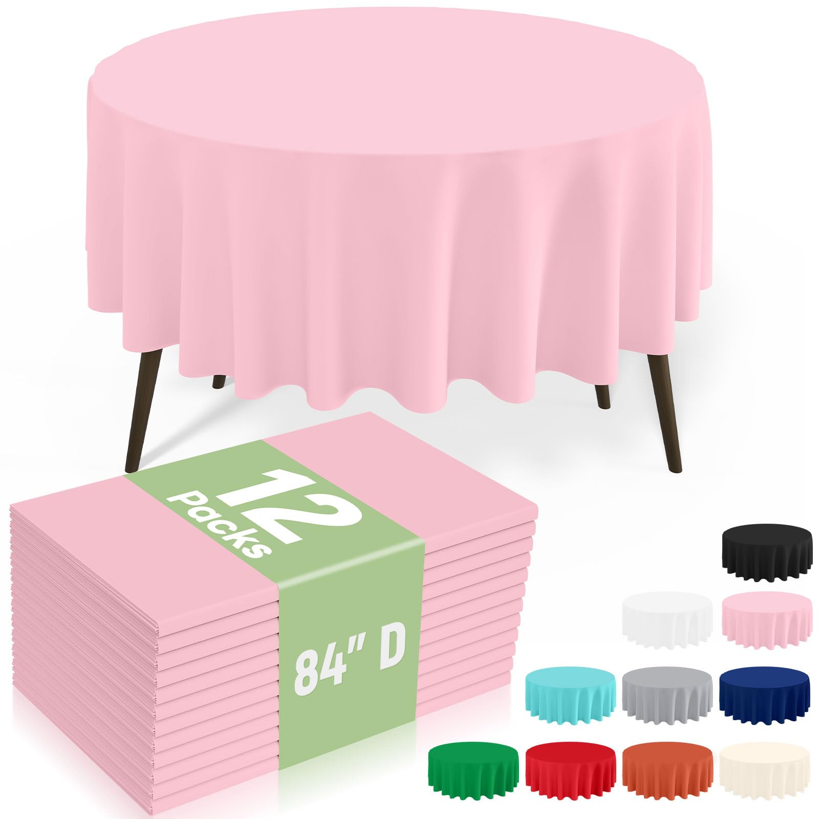 misaya 12 Packs Disposable Plastic Table Cloth, 84" Round Waterproof Tablecloth, Leakproof &amp; Sturdy Decorative Table Covers for Picnic, Party, Outdoor and Back to School, Pink