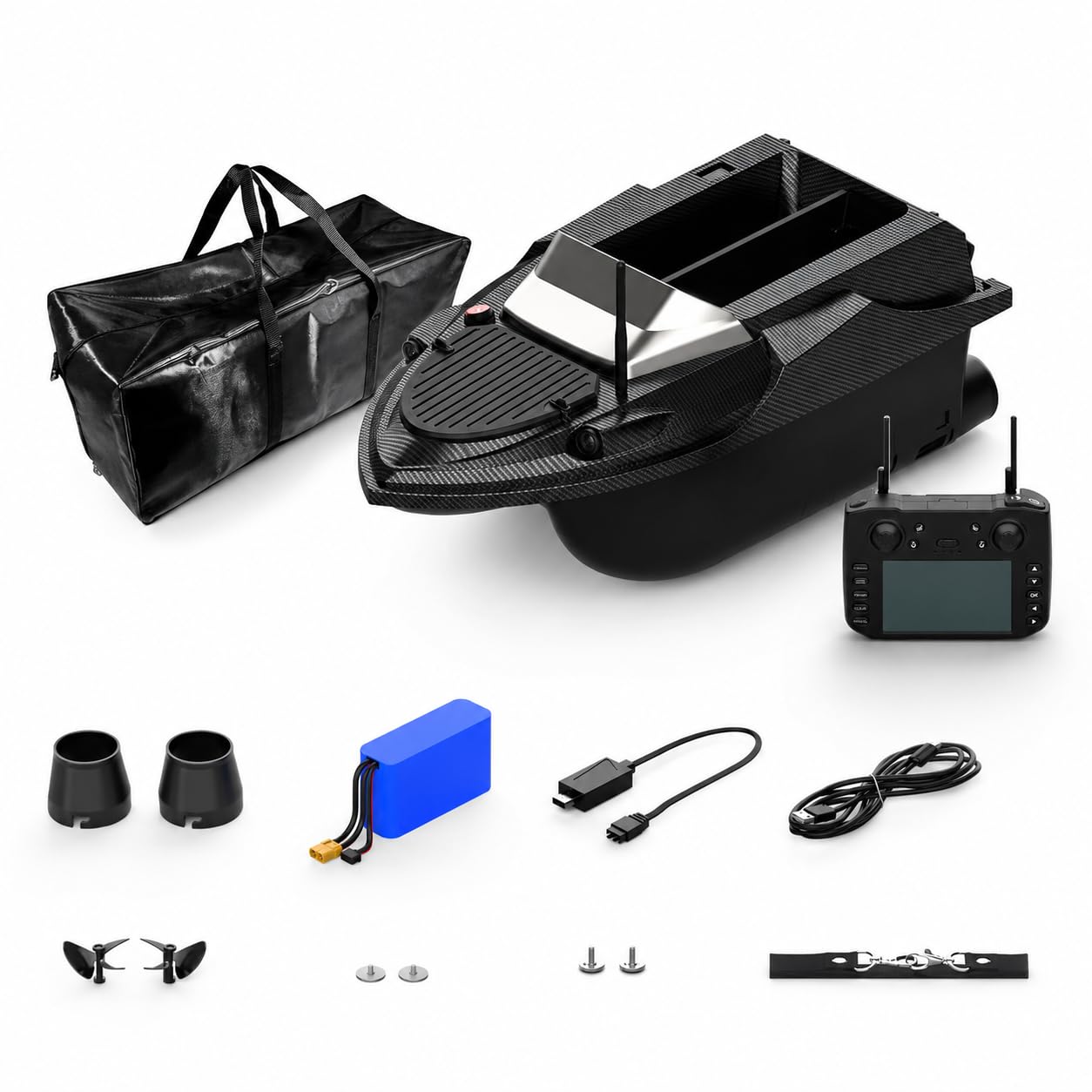 V080 - Barco de cebo GPS de 12 V, tolva doble de 3 kg, alcance de 800 m | 180 puntos de referencia GPS, 9 zonas de cebo, retorno automático, liberación de gancho, luces LED y control de dos