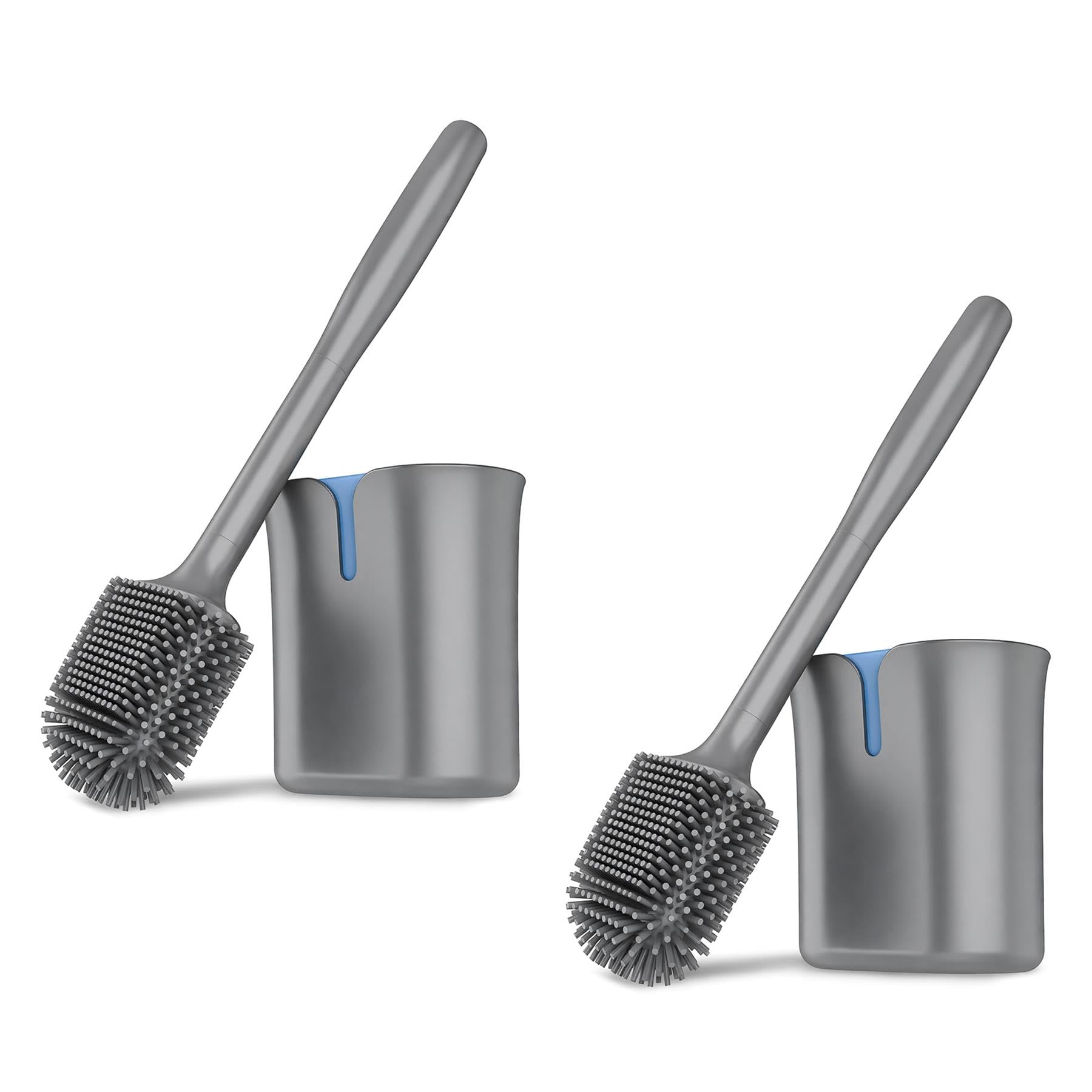 Innoteck Grey & Blue Premium Silicone Toilet Brush And Holder Set (2 Pack) - Flexible Tpr Bristles For Deep Cleaning - Non-Scratch 360° Wall Mounted Or Freestanding Brush With Quick Drying Base (Grey & Blue)