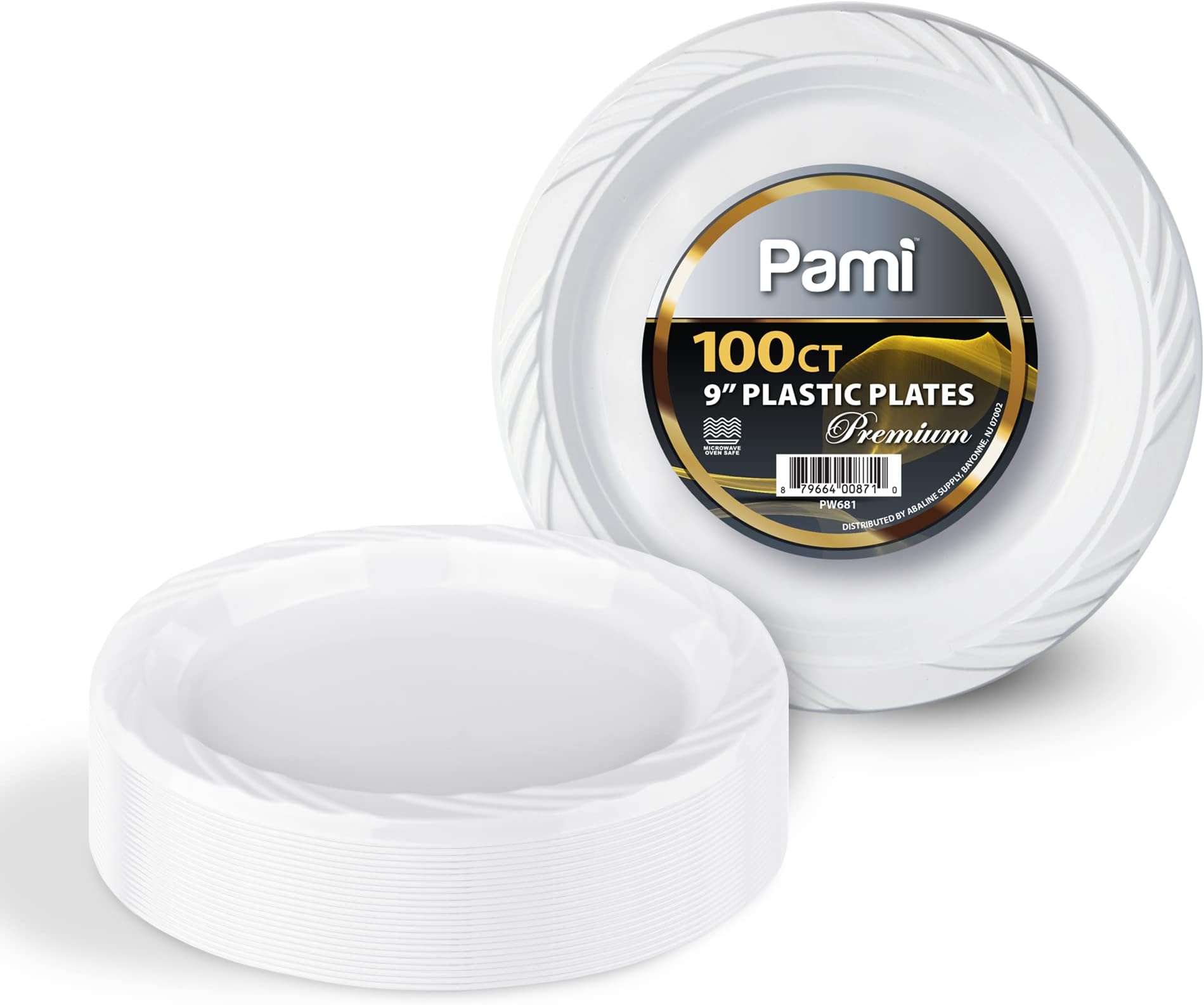 PAMI Heavy-Duty Disposable Plastic Dinnerware for Parties, Elegant Design, Microwave & Freezer Safe (9 Inch Plates 100 White)