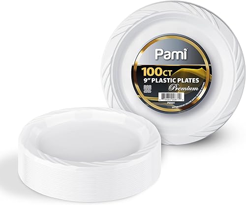 Miniatura 1 de PAMI Platos de plástico desechables prémium de 9 pulgadas paquete de 100  Platos de fiesta blancos para cena y postres  Platos resistentes para
