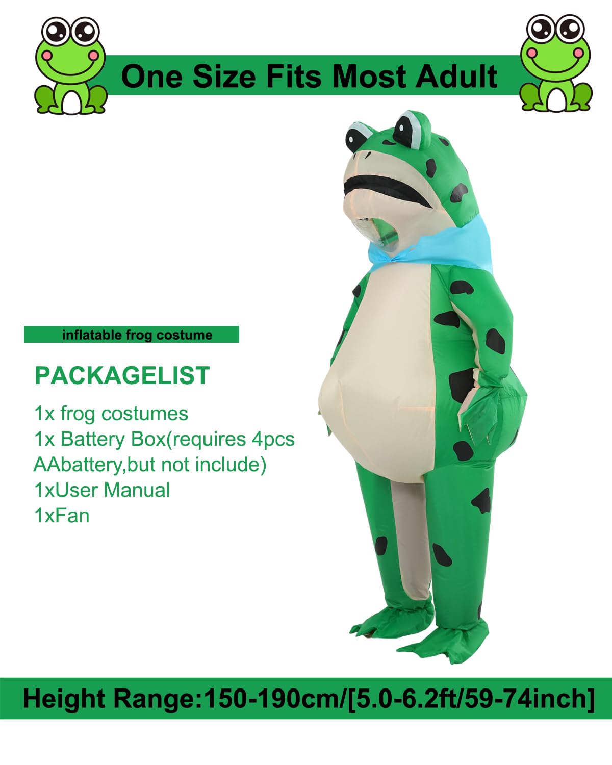 Disfraz de rana inflable para adultos, unisex, verde, talla única, perfecto para carnaval y fiesta temática