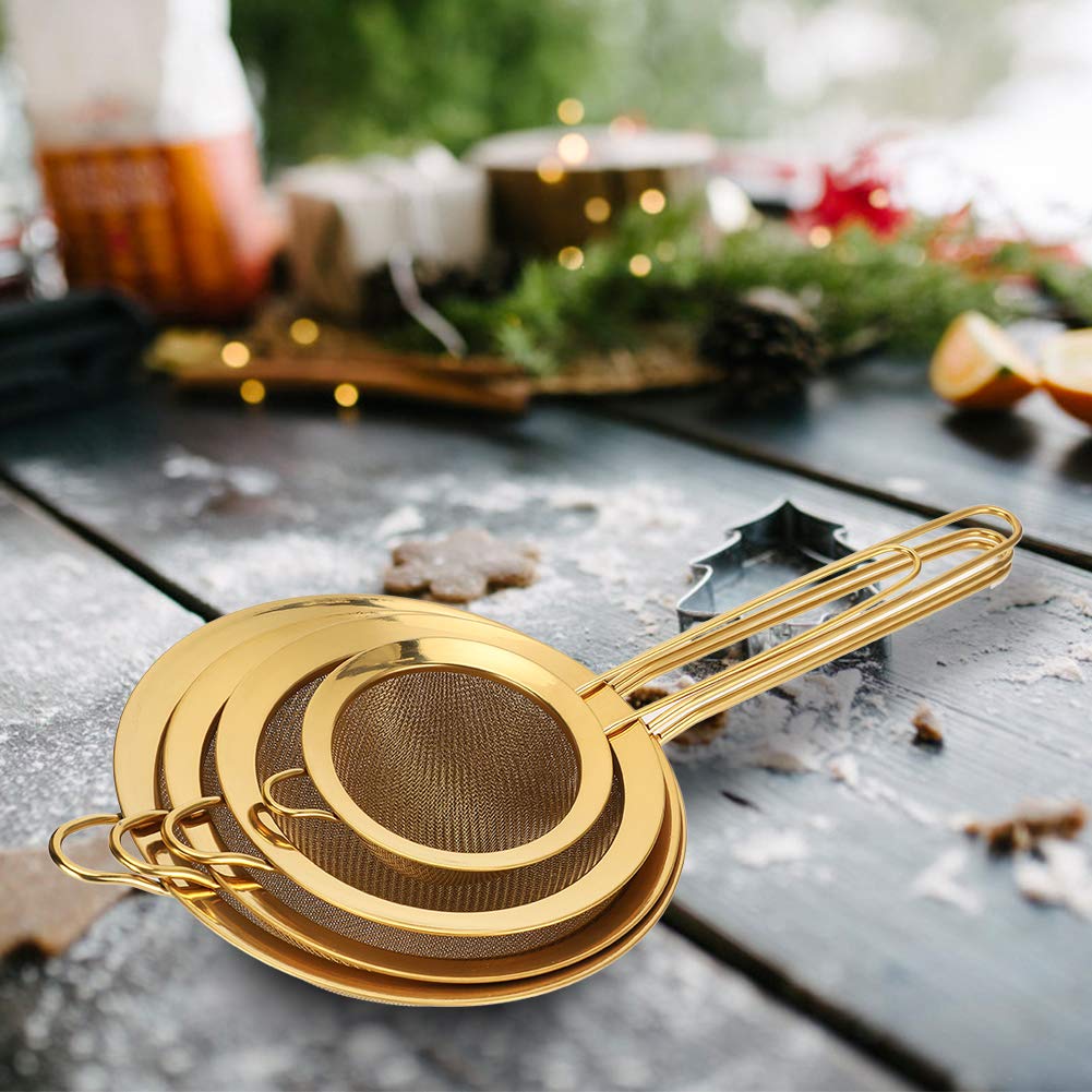 Sito do mąki Zestaw sitek ze stali nierdzewnej o drobnych oczkach do pieczenia w kuchni Gotowanie Przesiewanie mąki Cukier w proszku Filtrowanie soków 4 sztuki Titanize Gold 10cm