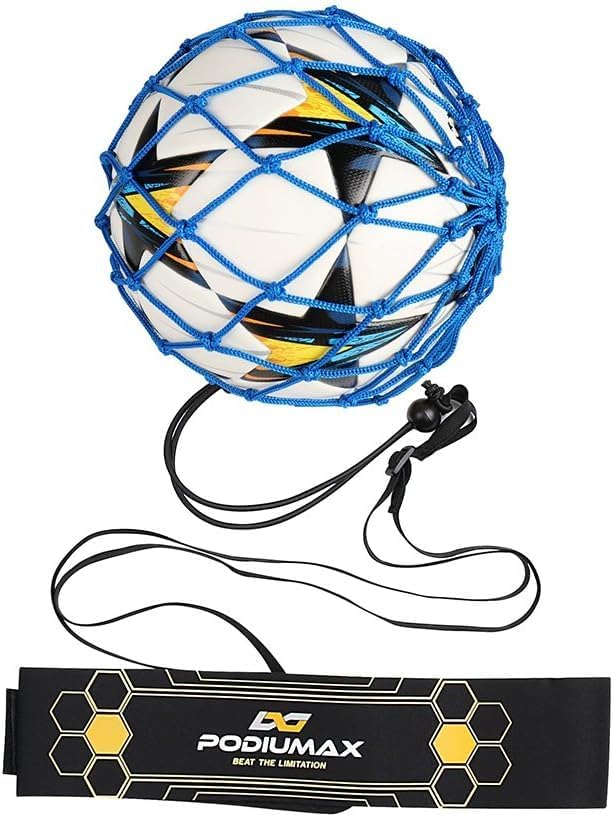 PodiuMax Hands-Free Soccer Kick/Throw Trainer, New Ball Locked Net Design, Adjustable Waist Belt & Cord Suit for All Levels (Fits Ball Size 3, 4, 5)