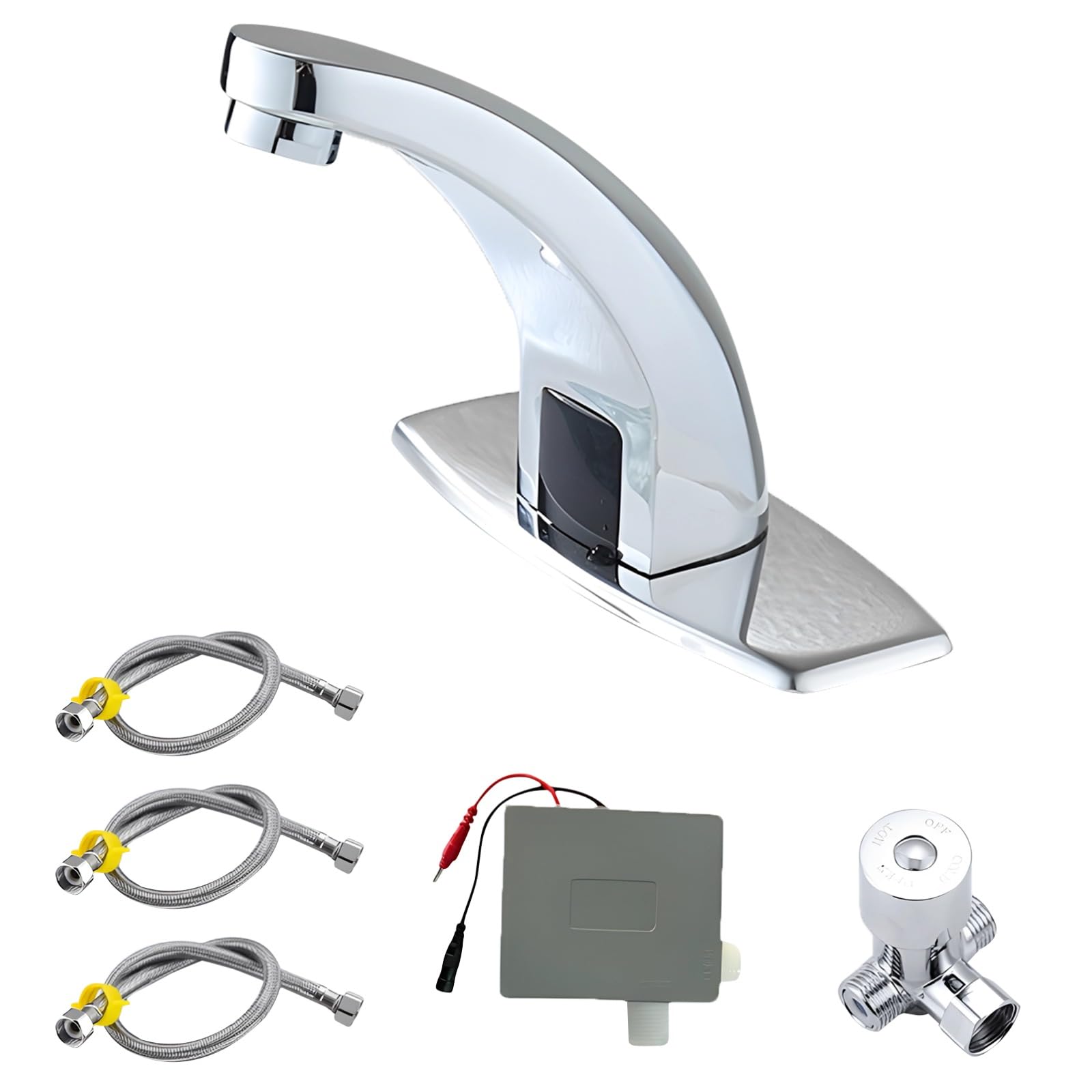 Set di 6 rubinetti con sensore di movimento, in ottone, automatico, touchless, con valvola di miscelazione caldo e freddo, alimentato a batteria, include tre tubi da 60 cm