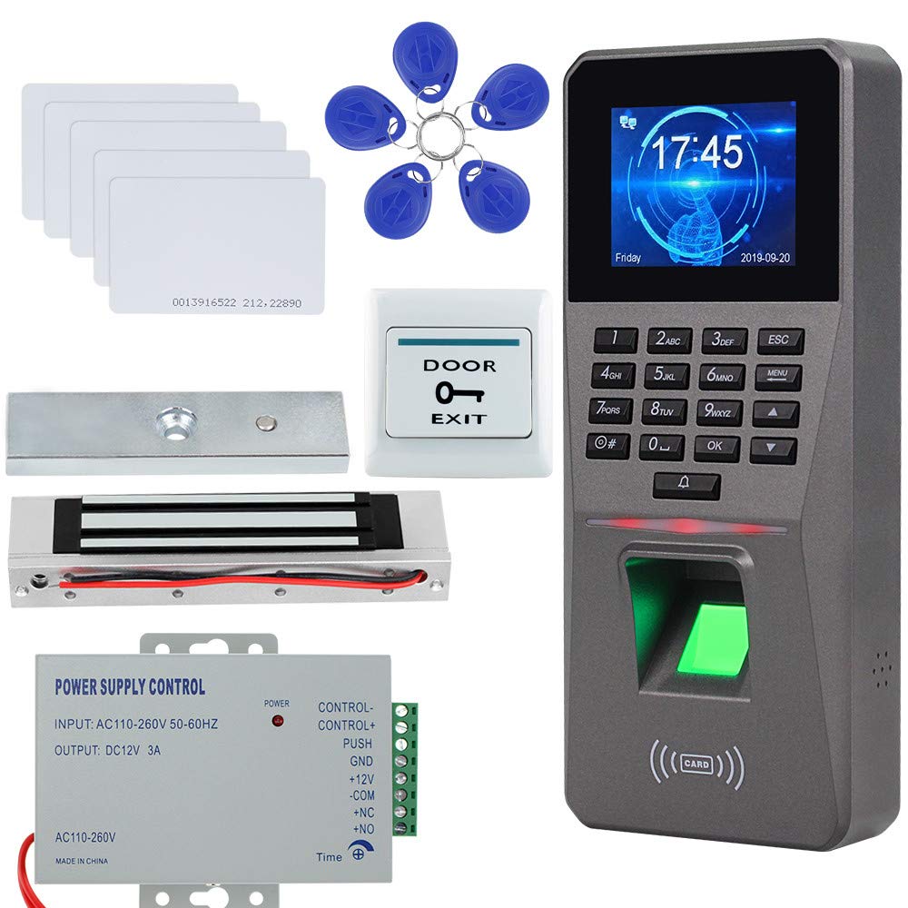 Lector Biométrico de Huellas Dactilares USB/TCP/IP/RS485 de 2.4pulgadas + NC Strike Lock + DC12V Power + 10pcs 125KHz Cards/Fobs Time Attendance Kit (Kit 2)