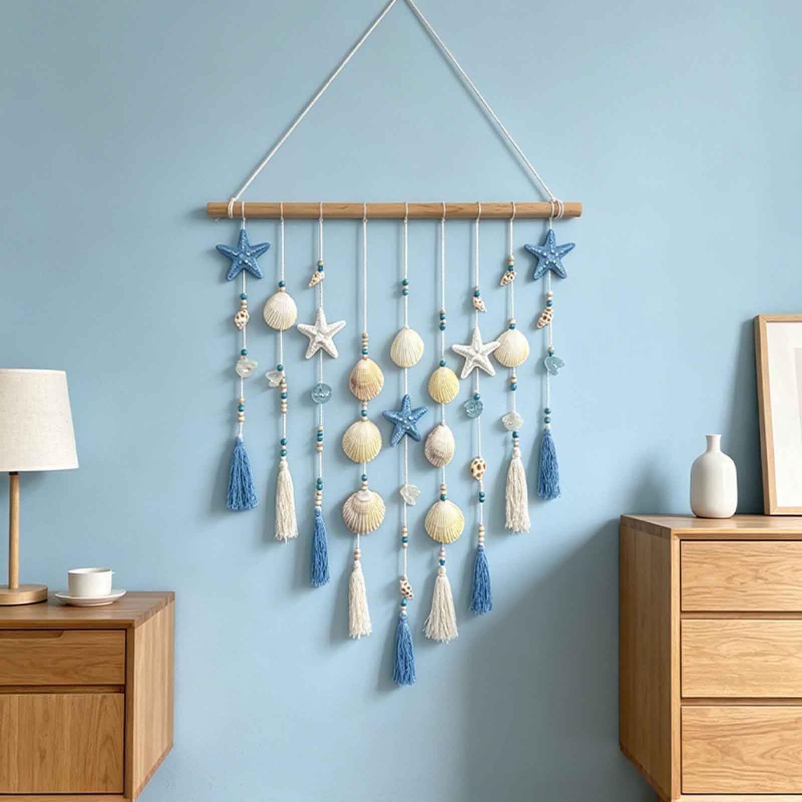 Mybsxkeoz One Color Beach Coastal Wall Decor Beach Seashell Wall Hanging Decor With Starfish Seashells Blue White Beaded Tassel Hanging On Wooden Rod Wooden Coastal Beach Wall Hanging Decor