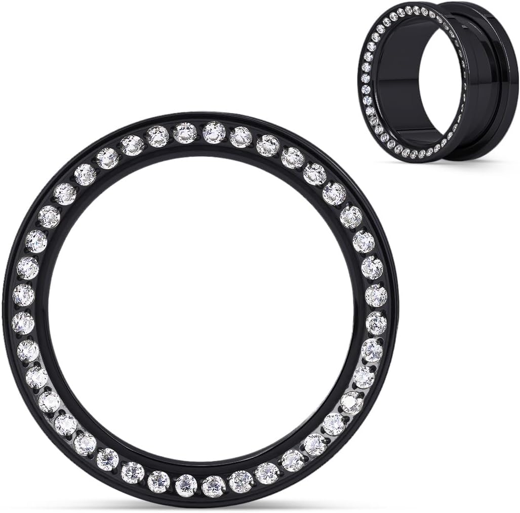 COOEAR Screw Back Stainless Steel Ear Tunnel and Plug Gauges, Paved Clear CZ Gemstone Piercing Expander Stretchers for Earrings.