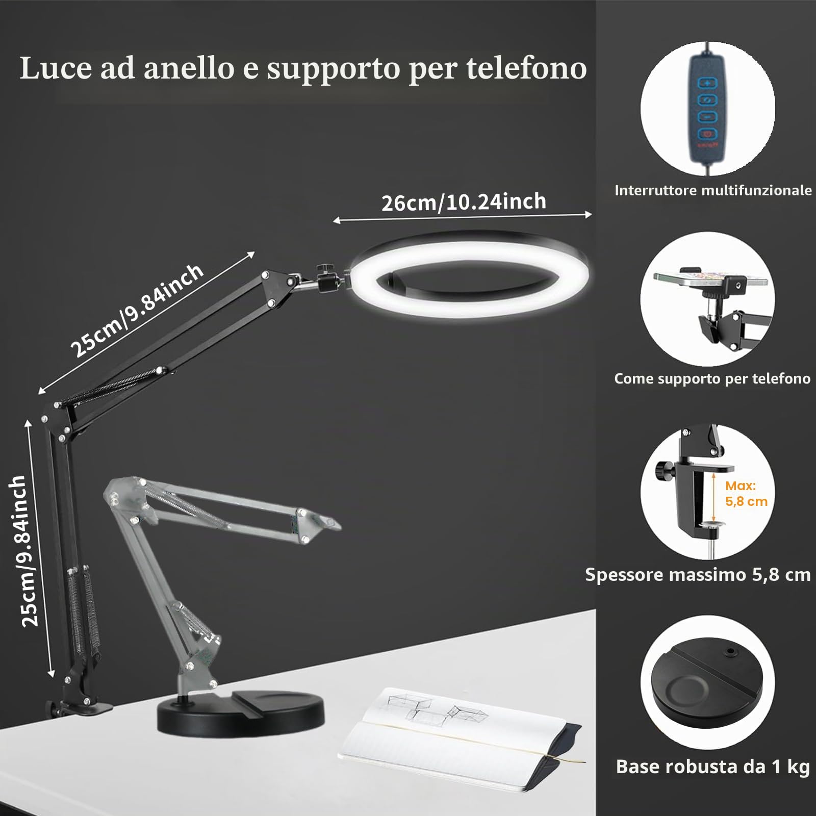 10'' Ring Light con Supporto per Telefono Con Due Basi, Luce ad Anello con Regolabile Supporto Cellulare, Ring Light professionale Dimmerabile per Video/TikTok/YouTube(Senza Telecomando)