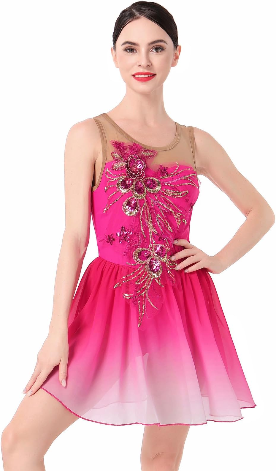 Women Ice Figure Skating Dress Ballet Dance Leotard Gymnastics Sequin Embroidery Gradient Chiffon Dress Dancewear