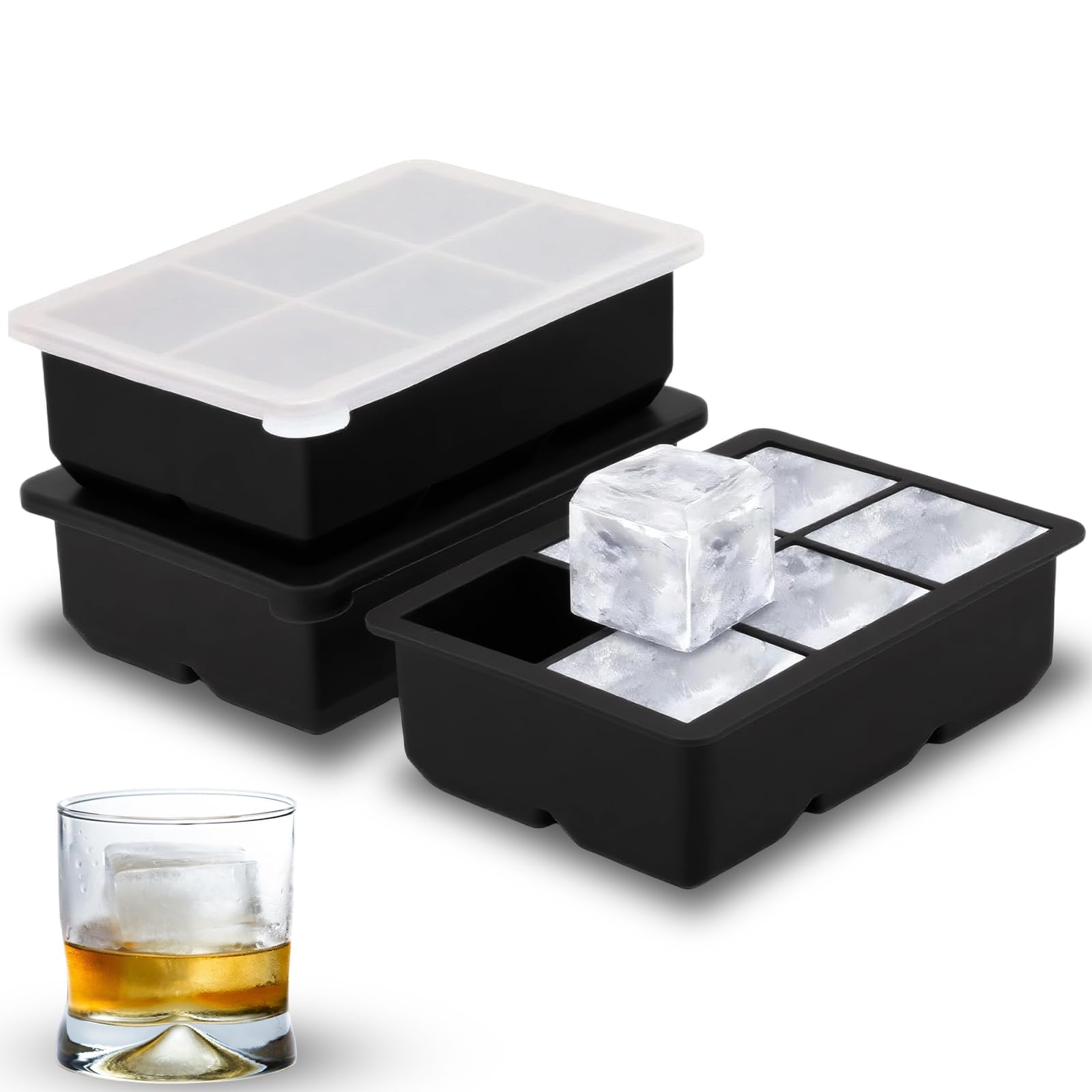 3 Pcs 5cm Large Ice Cube Moulds, 6 Grids Square Silicone Ice Cube Trays with Lids, 2 inch Big Cube Ice Trays, Stackable Ice Mould for Whiskey Cocktails Juice Coffee
