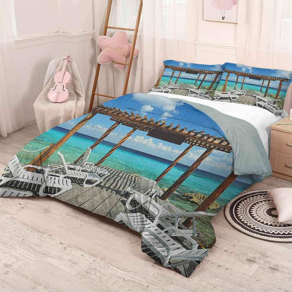 prunushome Travel Modern Duvet Cover SetBeach Sunbeds Ocean Sea Scenery with Wooden Seem Pier Image Print Printing Bedclothes Decor Blue White and Pale Brown 80x90in/20x30inx2