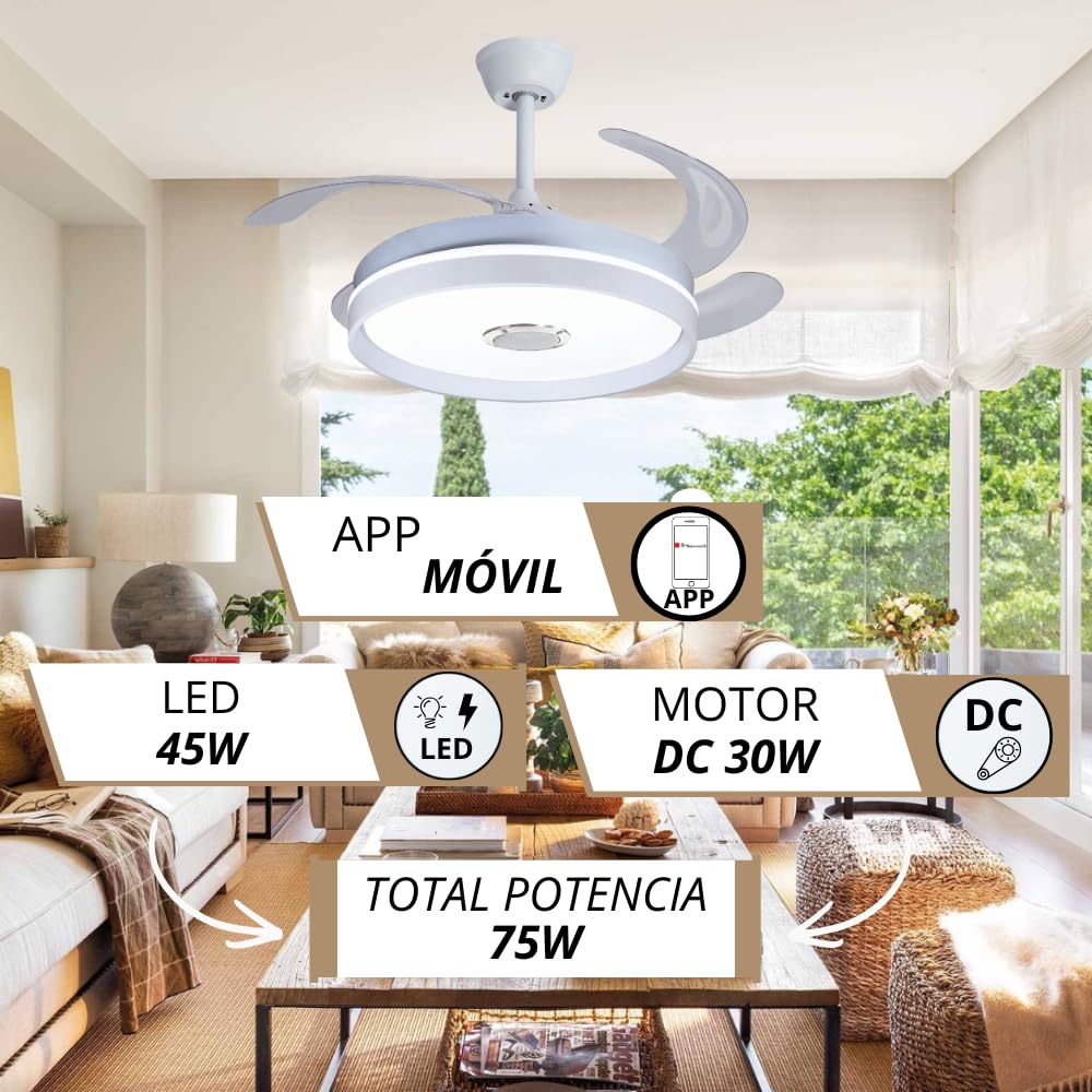 NARVI Ventilador de Techo CANNES con Luz LED RGB y Altavoz Bluetooth | Motor DC Silencioso 45W, APP Móvil, Mando a Distancia, 3 Aspas Retráctiles, Invierno Verano