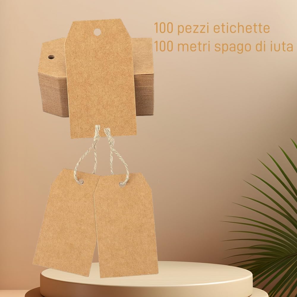 Voarge 100 szt. Etykieta prezentowa z juty, 7 x 4 cm, ręcznie robiona etykieta na metki z ceną, słoiki i tagi upominki
