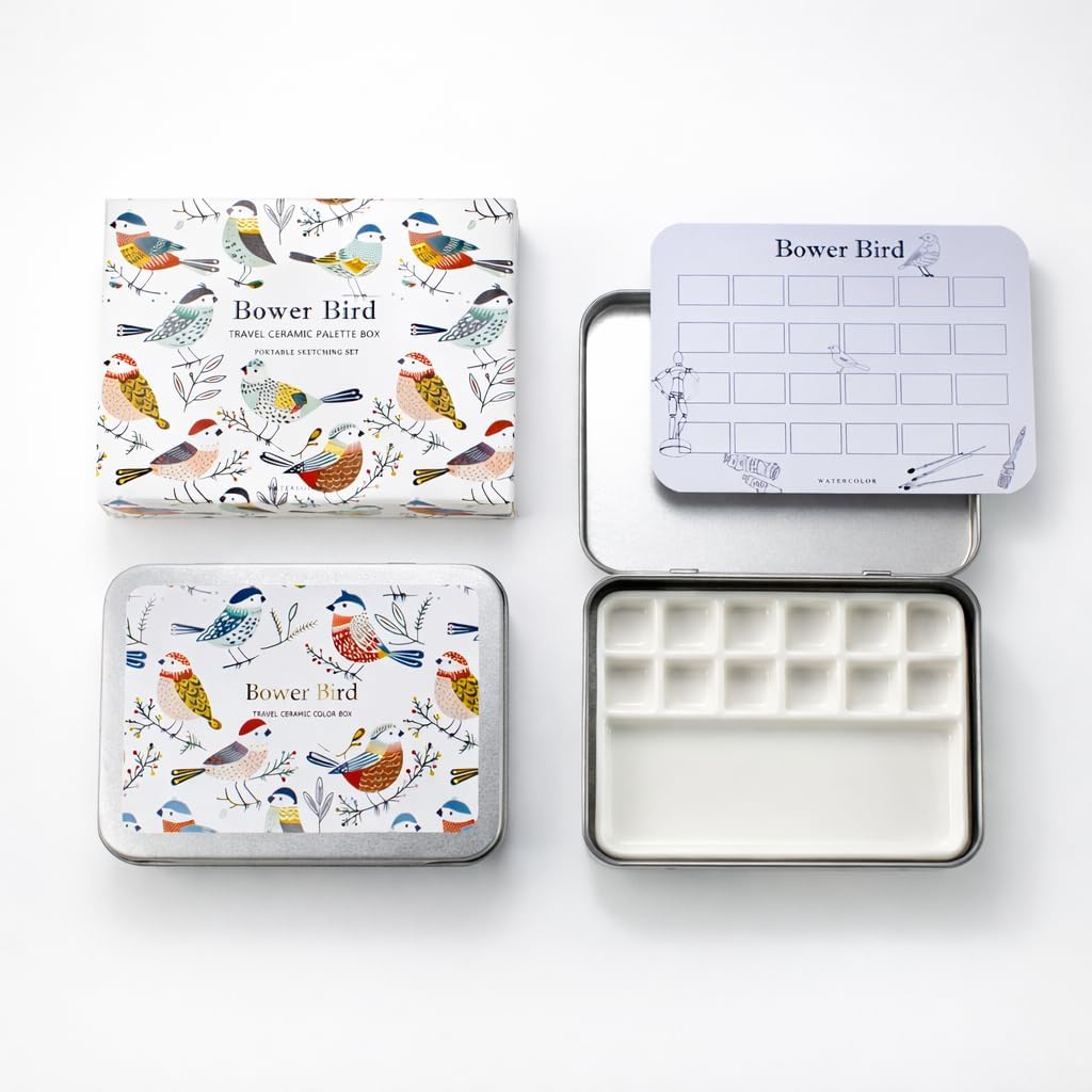 Bower Bird Travel Ceramic Watercolor Palette with 12-Well Porcelain Mixing Tray & Metal Tin Box - Portable Art Kit for Gouache, Studio & Outdoor Painting (8Well)