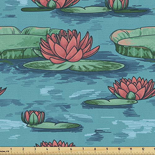 Ambesonne Botanical Fabric by The Yard, Lotus Flowers on The Lake Water Lilies Exotic Boho Pond Pattern, Decorative Fabric for Upholstery and Home Accents, 1 Yard, Blue Coral