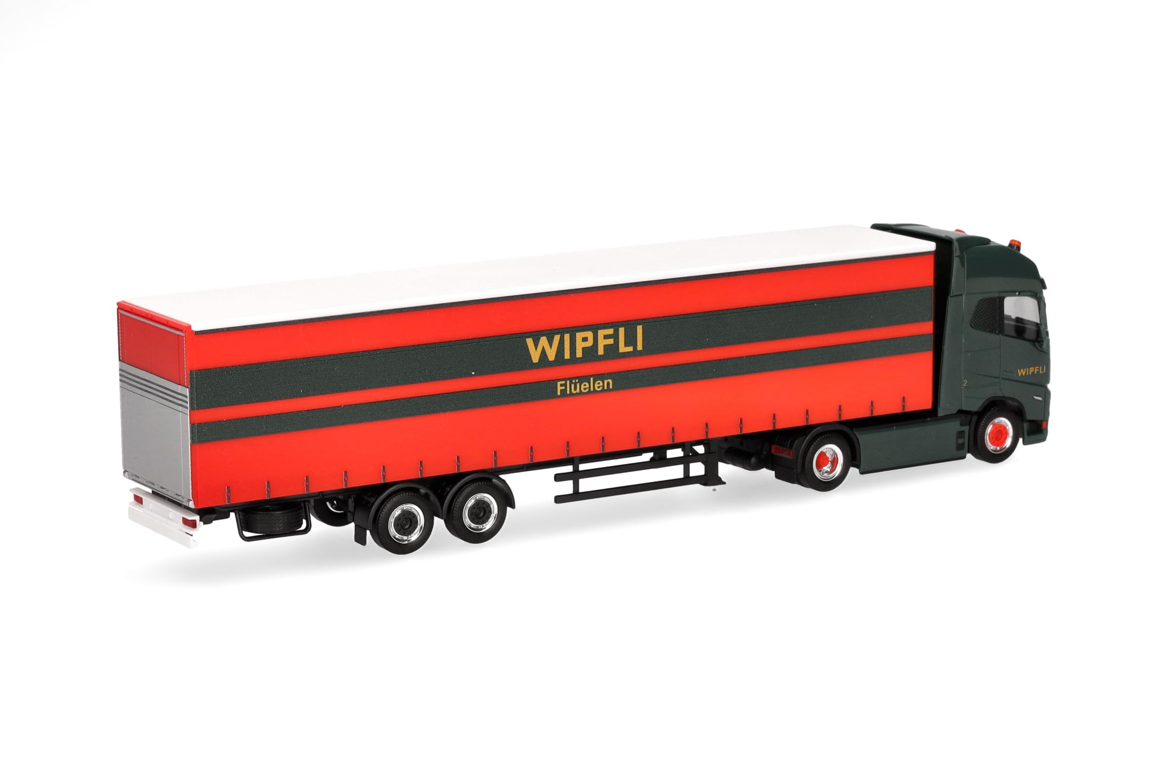 Herpa Model ciężarówki Volvo FH GL XL Electric naczepa plandeka "Wipfli" (Szwajcaria), miniatura w skali 1:87, kolekcjonerski, Made in Germany, plastik