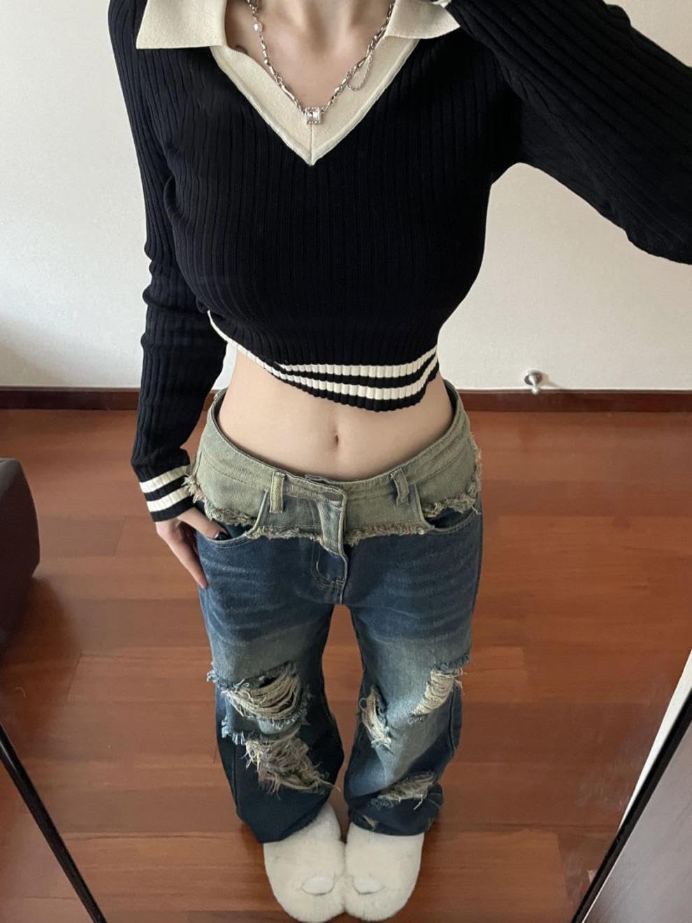 American Retro Jeans Womens Design Waist Slim Wide feet and Floor Trousers