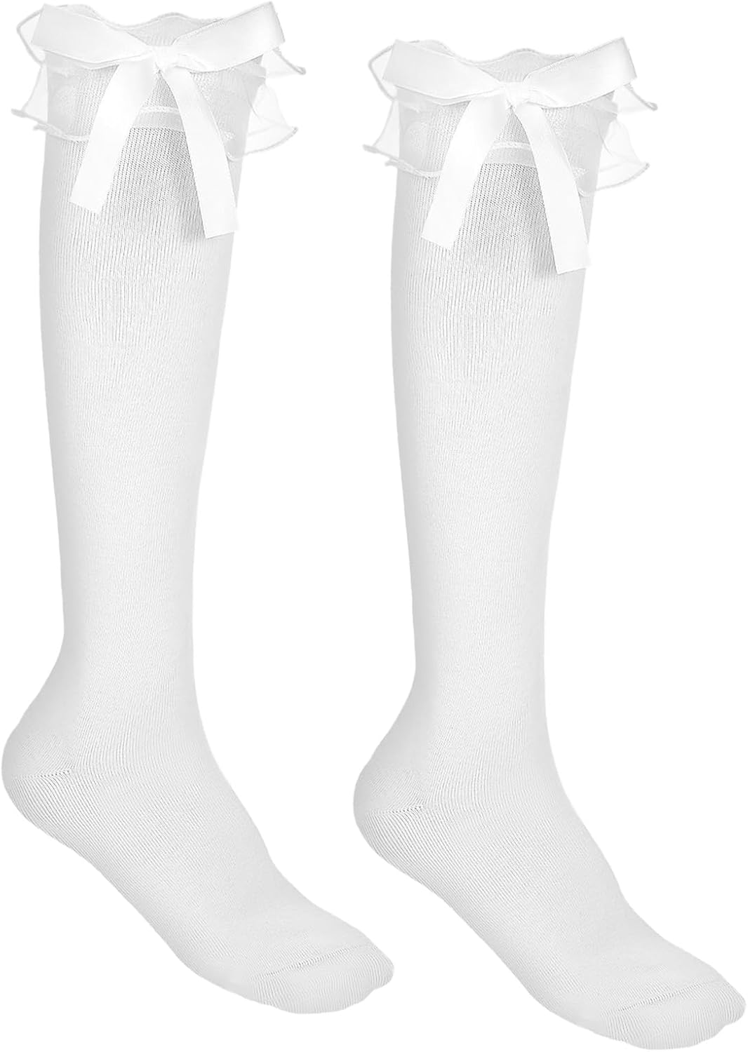 White Knee High Socks Girls, Lolita Goth Sock Cotton Ruffle Socks Lace Bow Sock for School Dating Dance