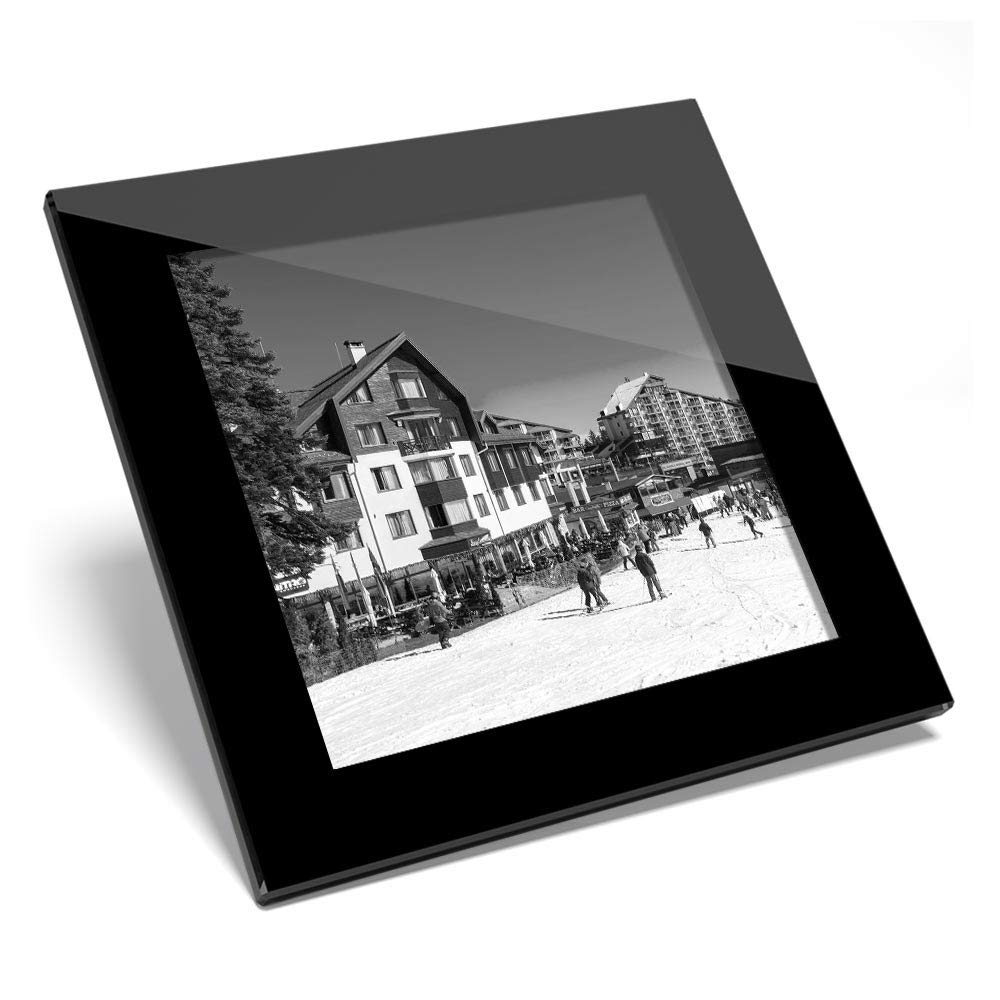 Glass Coaster BW - Borovets Bulgaria Ski Resort Snow Glossy Quality Coasters/Tabletop Protection for Any Table Type #42619