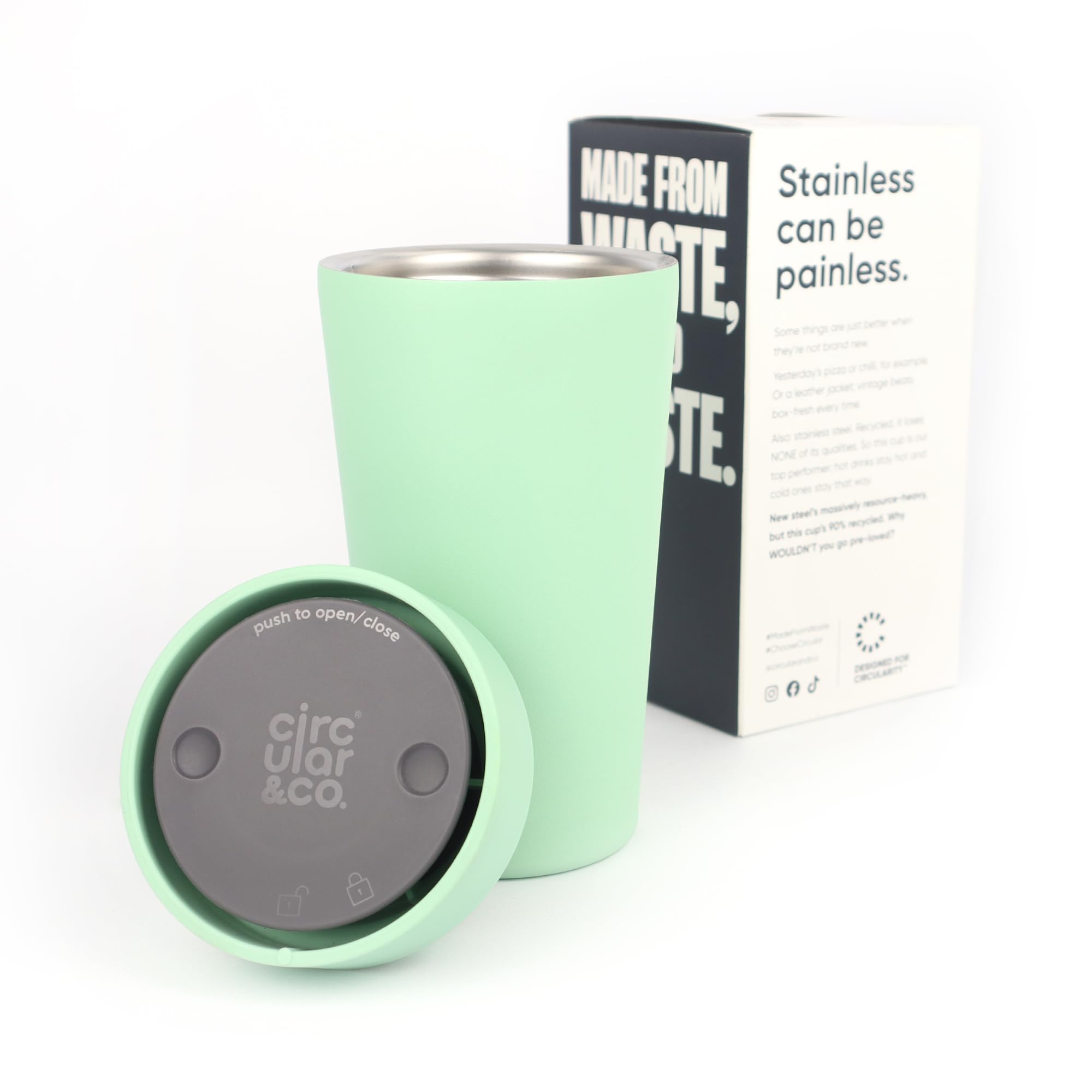 Circular&Co 12oz / 340ml Stainless Steel Travel Mug – Reusable Coffee Cup – Double Wall Insulated, Leakproof & Sustainable Cup for Hot or Cold Drinks - Seaglass Green