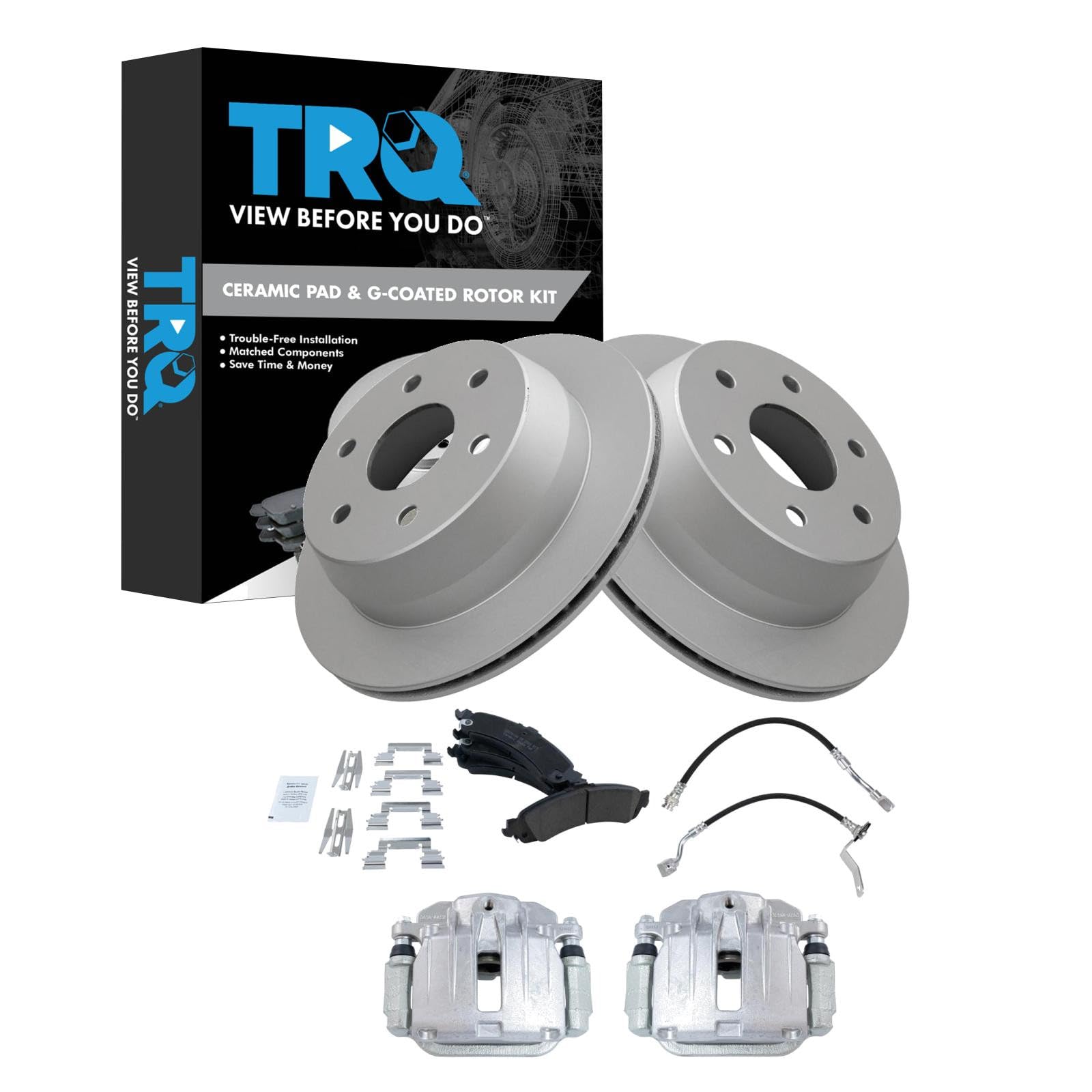 TRQ Rear Brake Pad and Rotor Set Ceramic Coated Rotors Calipers Compatible with 2002 GMC Sierra 1500