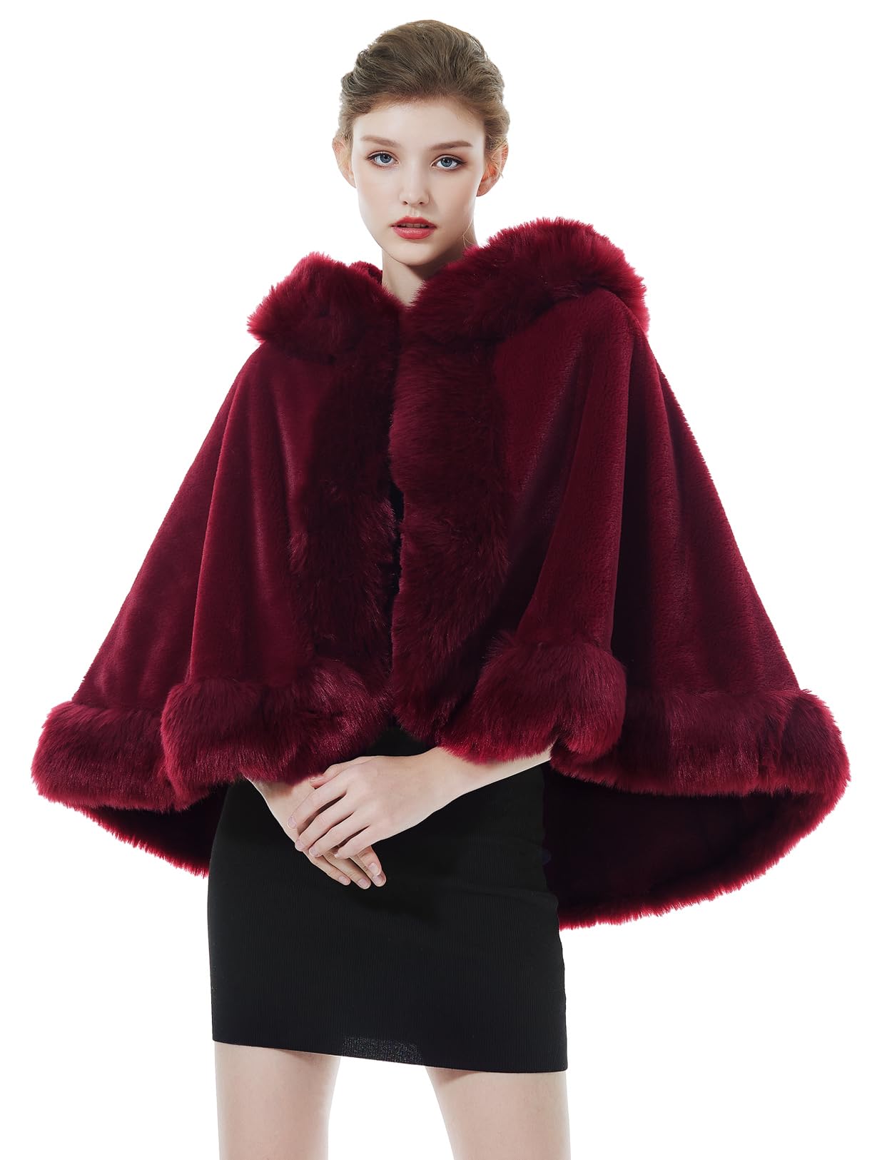 BEAUTELICATE Damen Kunstpelz Braut Umhang mit Kapuze Winter Braut Poncho Cape Kurz Warm Kunstpelz Stola Brautjacke für Hochzeit Abendkleid Elfenbein Schwarz