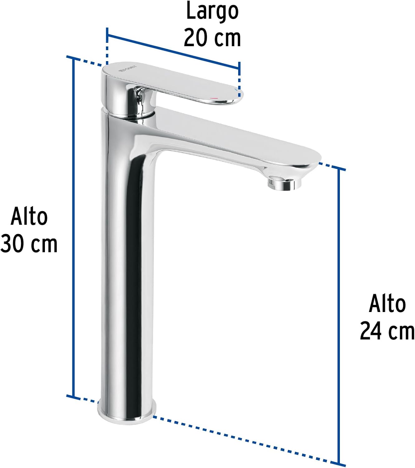 Foset Riviera RIM-46 Tall Basin Single Lever Faucet with dimensions. The faucet measures 30 cm in total height, with the spout height at 24 cm and a length of 20 cm.