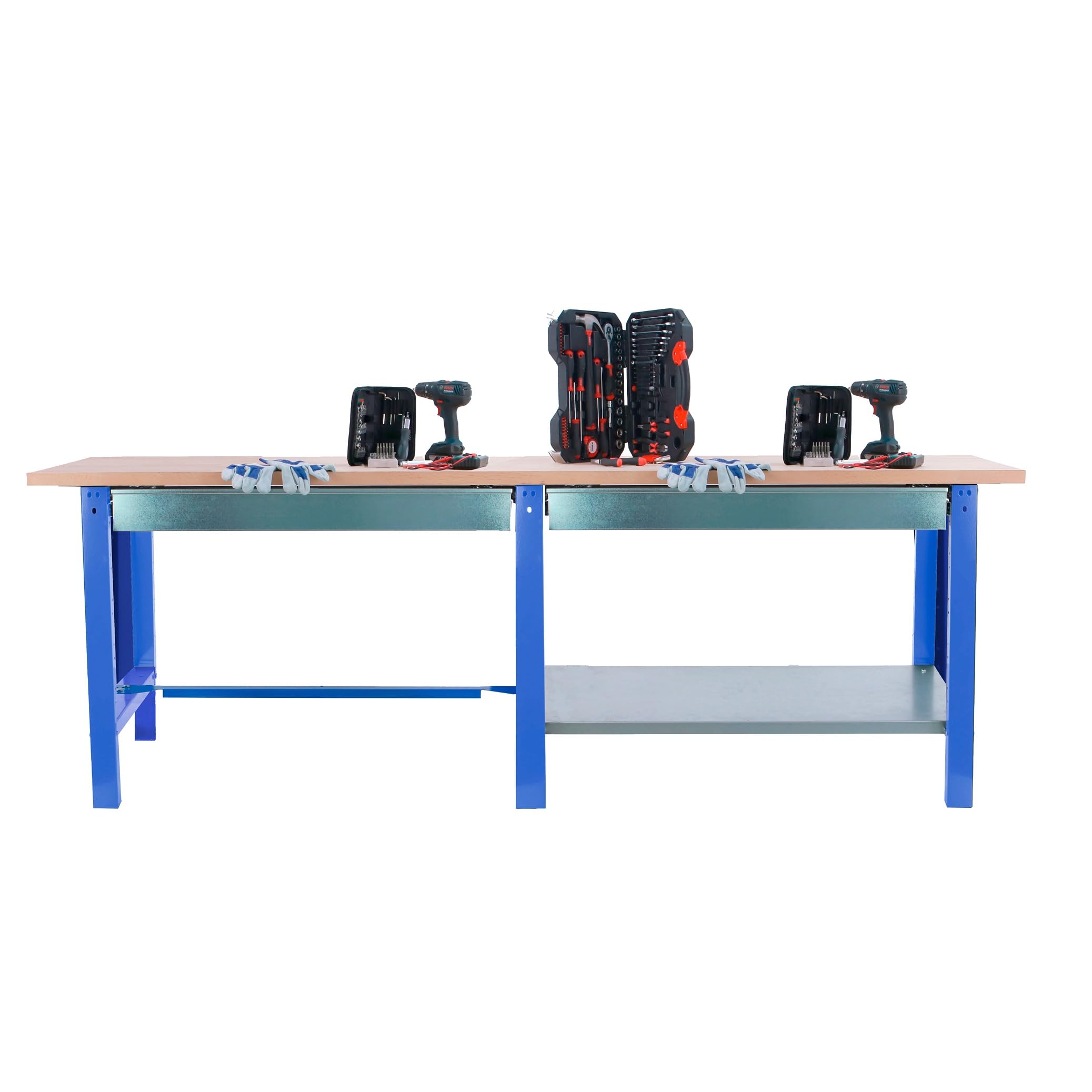 SimonRack Banco de Trabajo Taller Doble, Capacidad Carga 1000 kg, 865x2600x750 mm, 2 Cajones, Mesa de Trabajo, Azul/Haya - BT6 PRO