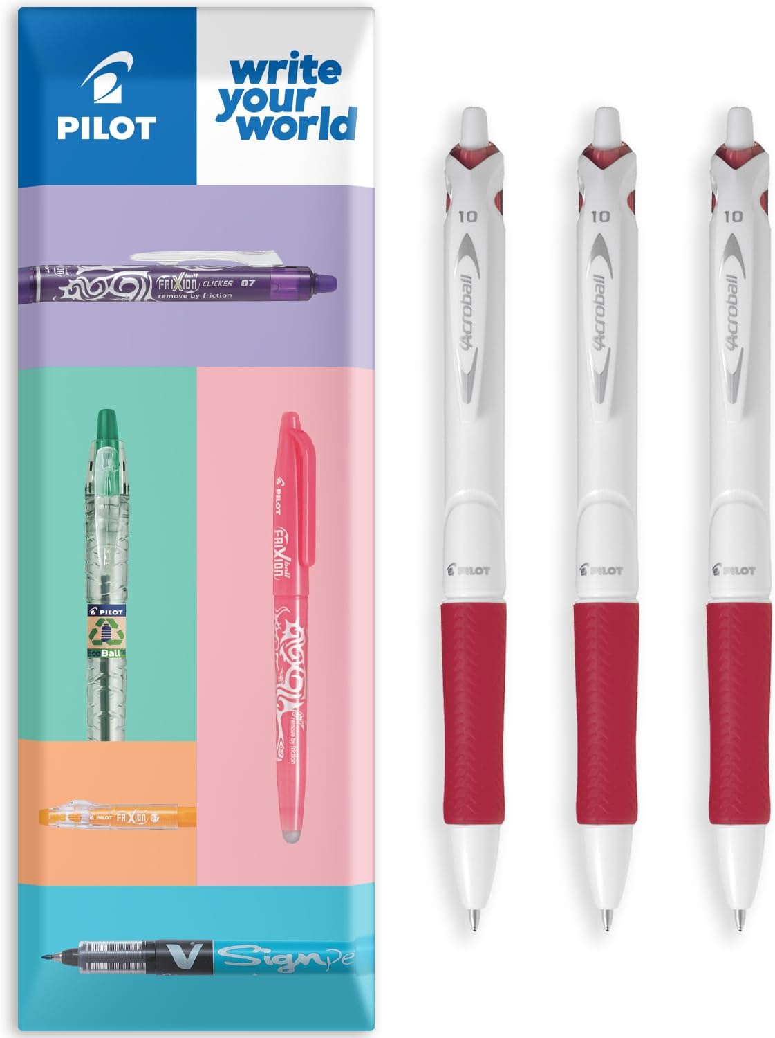 Pilot Acroball Pure White Retractable Ballpoint Pen - Begreen Range 79% Recycled - Pack of 3 Pens - Medium 1.0mm Nib - Ideal for Writing, School, Home, Revision, Office. (Red)
