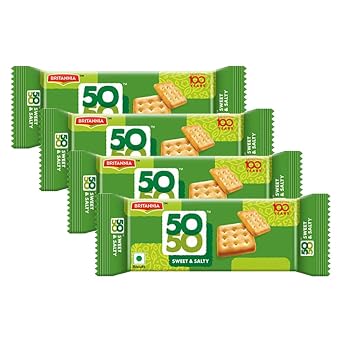 BRITANNIA Crackers 50 50 Sweet and Salty Biscuit 2.19oz 62g - Delicious, Light & Crispy Grocery Cookies - Best Treat for Friends & Family Pack of 4