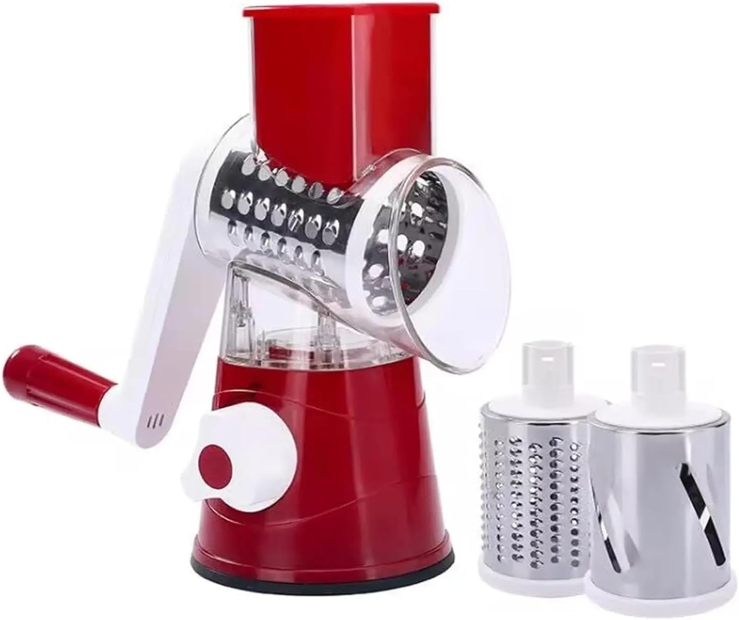 Manual 3-in-1 Rotary Grater and Slicer with Suction Base - Stainless Steel Drums for Cheese, Vegetables, and Nuts(Red)