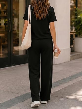 2 Piece Lounge Sets for Womens 2026 Waffle Knit Matching Sets Short Sleeve Top Wide Leg Pants with Pockets