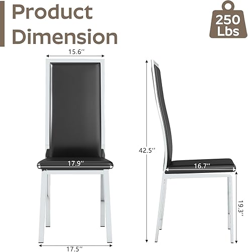 Miniatura 2 de Juego de 4 sillas de comedor modernas, piel sintética negra con patas de metal plateado cromado, diseño curvado de respaldo alto y amortiguación de
