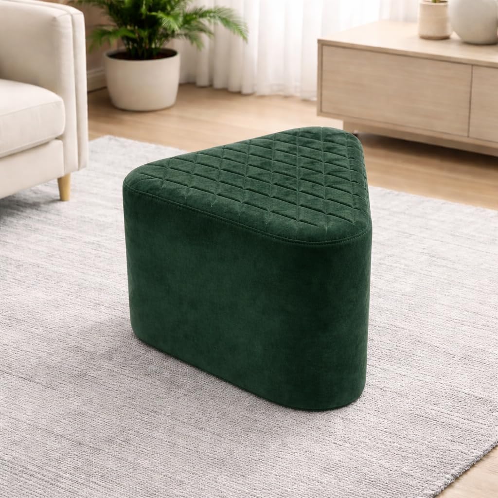 TriLoom Triangular Ottoman with Quilted Top, Soft Curved Design, High-Density Cushioning, Compact Footrest Stool for Living Room Bedroom (Dark Green)