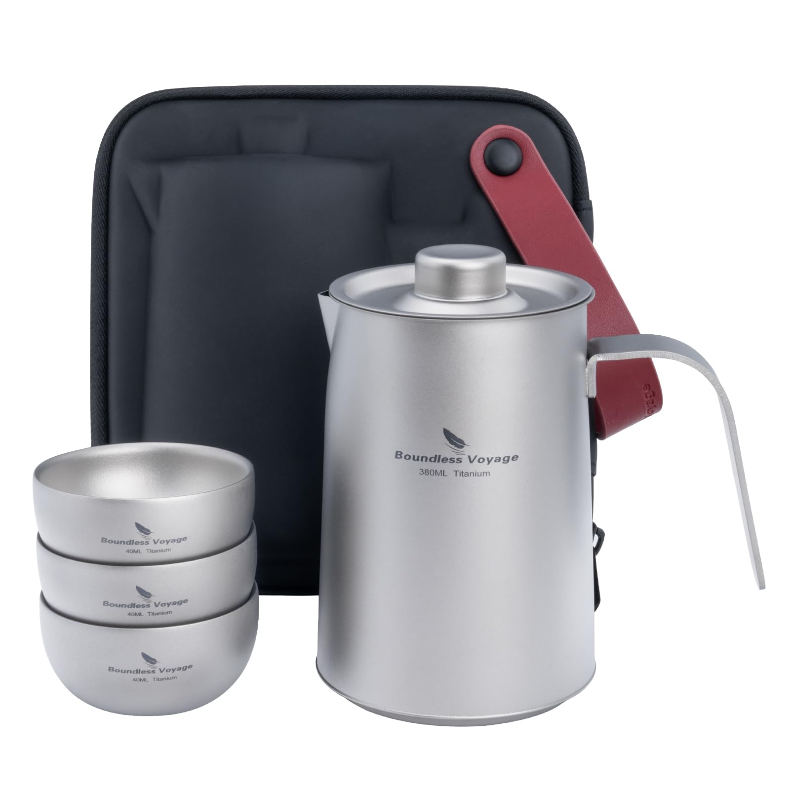 iBasingo 380ml Titanium Teapot with infuser and 3 40ml Teacups Lightweight Portable Tea Kettle with Lid Chinese Tea Set for Outdoor Camping Travel Home Picnic Hiking Drinkware Ti3116D+Ti3204D