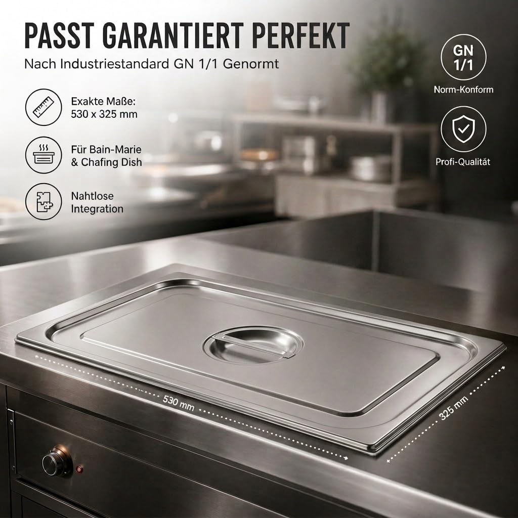 GN 1/1 Deckel Gastronormbehälter aus rostfreiem Edelstahl 530 x 325 mm | stapelbar & rostfreier GN Behälter | Gastronomie-, Event- & Catering Zubehör aus robusten 0,7 mm Stahl