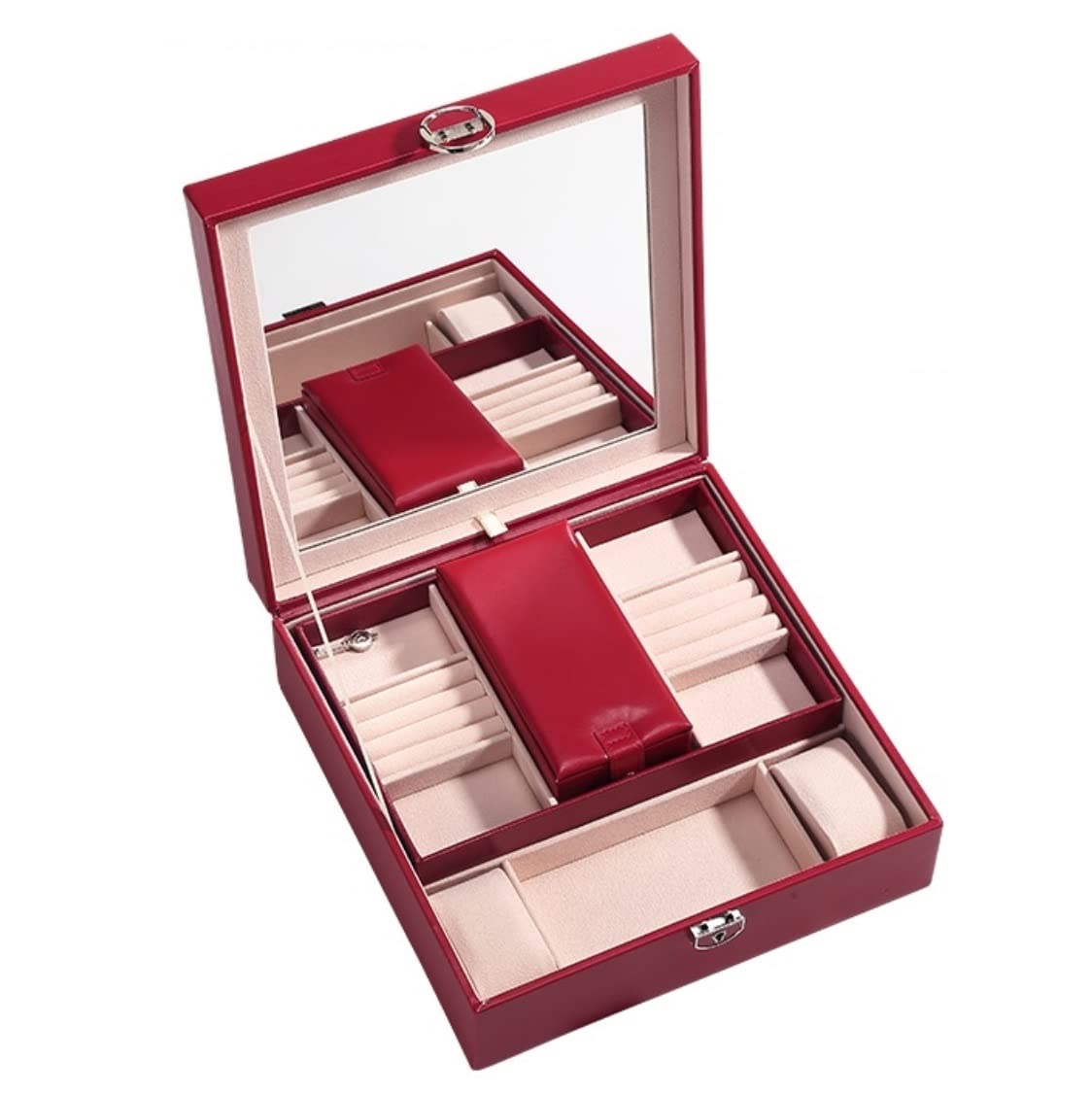 Portagioie Organizzatore di gioielli Portagioie in pelle PU Organizzatore Portagioie da viaggio Scatola di immagazzinaggio con serratura per le donne con grandi vassoi a specchio Custodia Accessori p