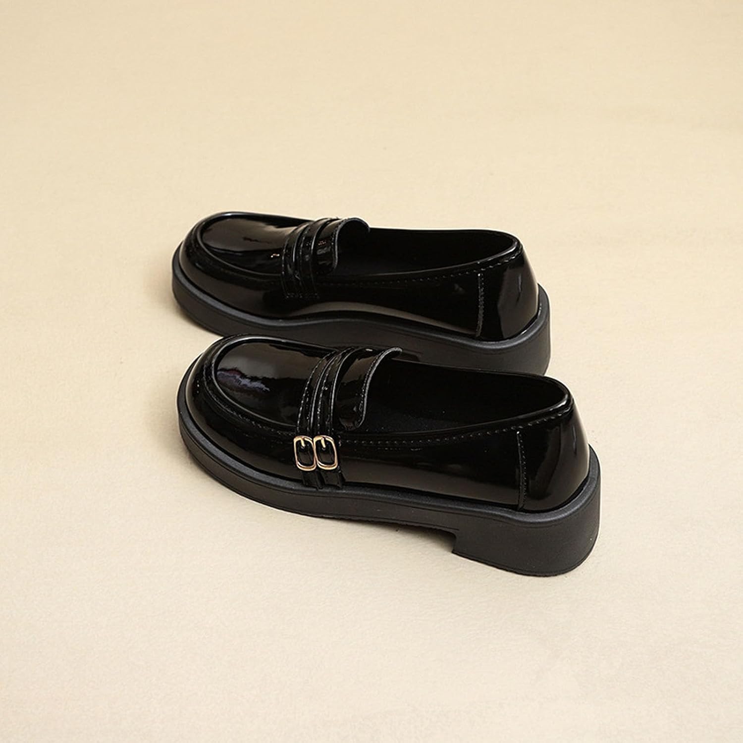 Women's Patent Leather Platform Chunky Heel Loafers Retro Round Toe Double Metal Buckle Design Non Slip Comfortable Casual Slip-On Penny Shoes
