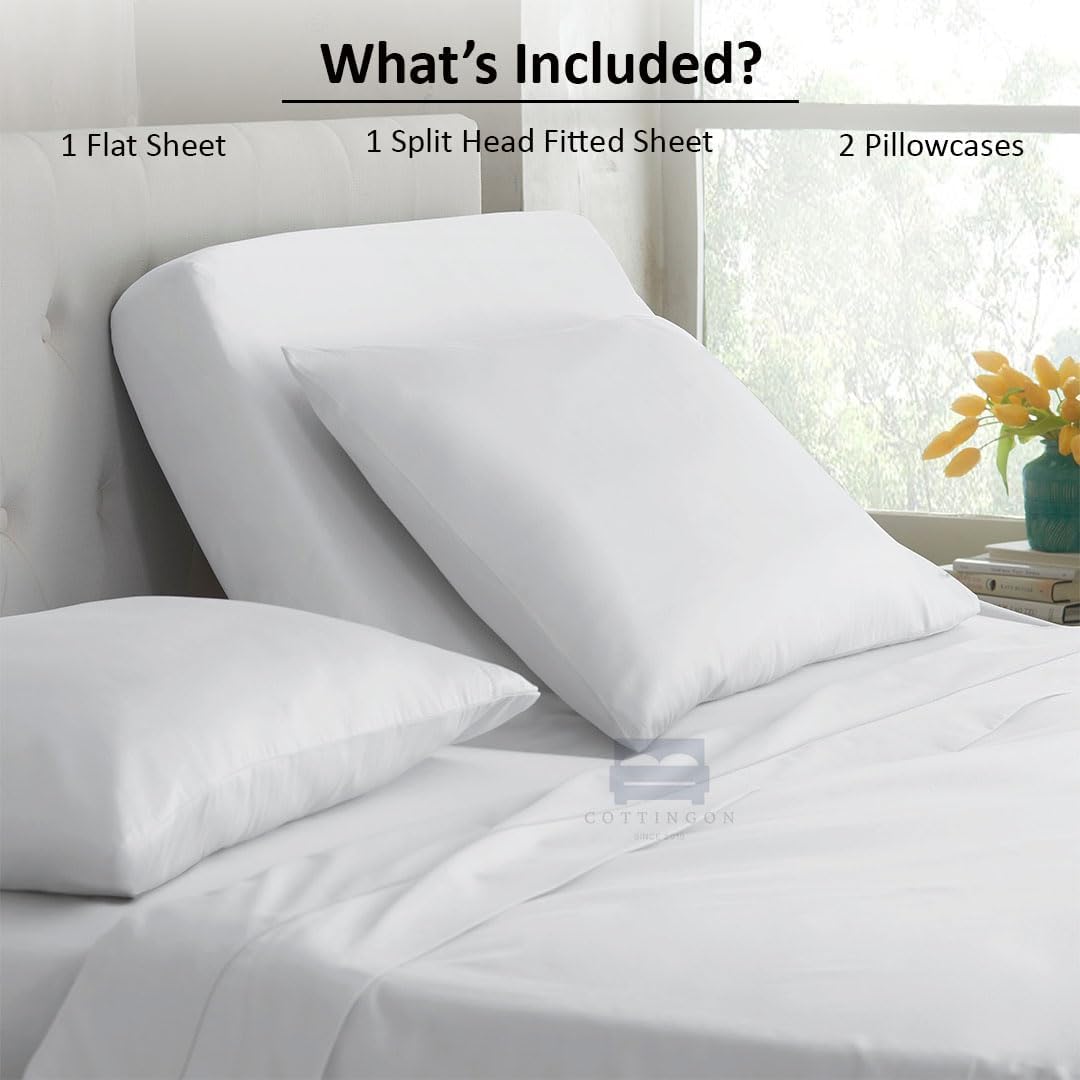 Cottingon Top Split King Sheets Set for Adjustable Bed - 4 Piece Sleep Number Bed Sheets - 100% Egyptian Cotton - 16 Inch Deep - 34 Split King - White Solid